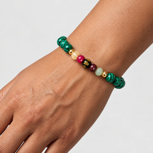 Malachite Mega Growth Lucky 7 Gemstone Bracelet With REAL Gold