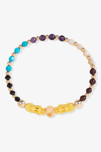 Multiple Blessing Double Pixiu and Citrine Feng Shui Bracelet 18K Gold Vermeil