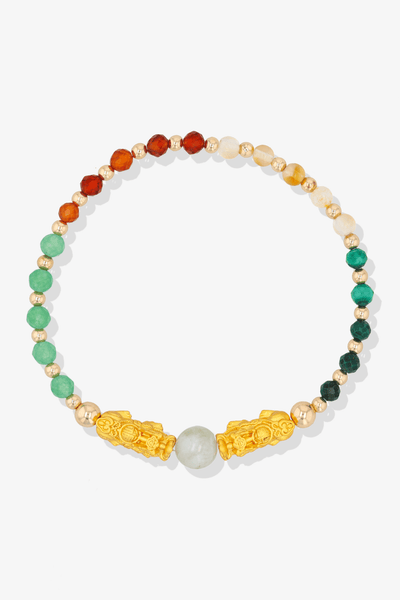 Multiple Fortune Double Pixiu and Jade Feng Shui Bracelet 18K Gold Vermeil