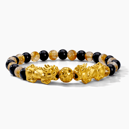 Natural Citrine and Black Obsidian Double Pixiu Feng Shui 24k REAL Gold Bracelet - Eat.Read.Love.