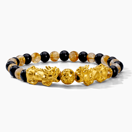 Natural Citrine and Black Obsidian Double Pixiu Feng Shui 24k REAL Gold Bracelet - Eat.Read.Love.
