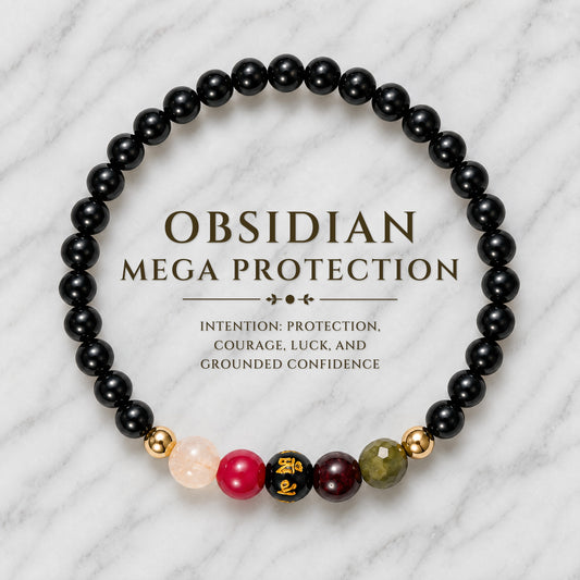 Obsidian Mega Protection Lucky 7 Gemstone Bracelet With REAL Gold