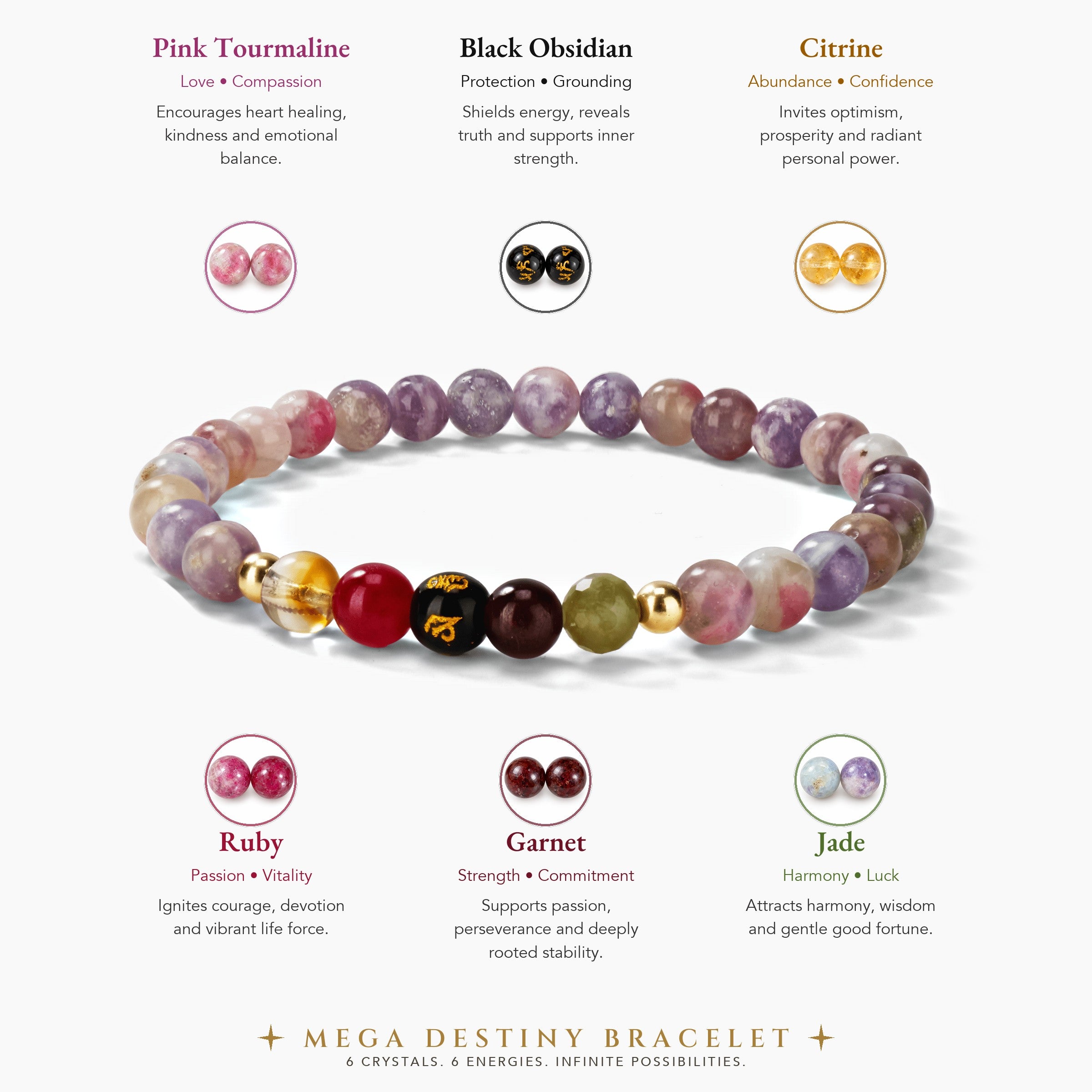 Pink Tourmaline Mega Destiny Lucky 7 Gemstone Bracelet With REAL Gold
