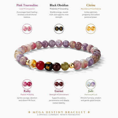 Pink Tourmaline Mega Destiny Lucky 7 Gemstone Bracelet With REAL Gold