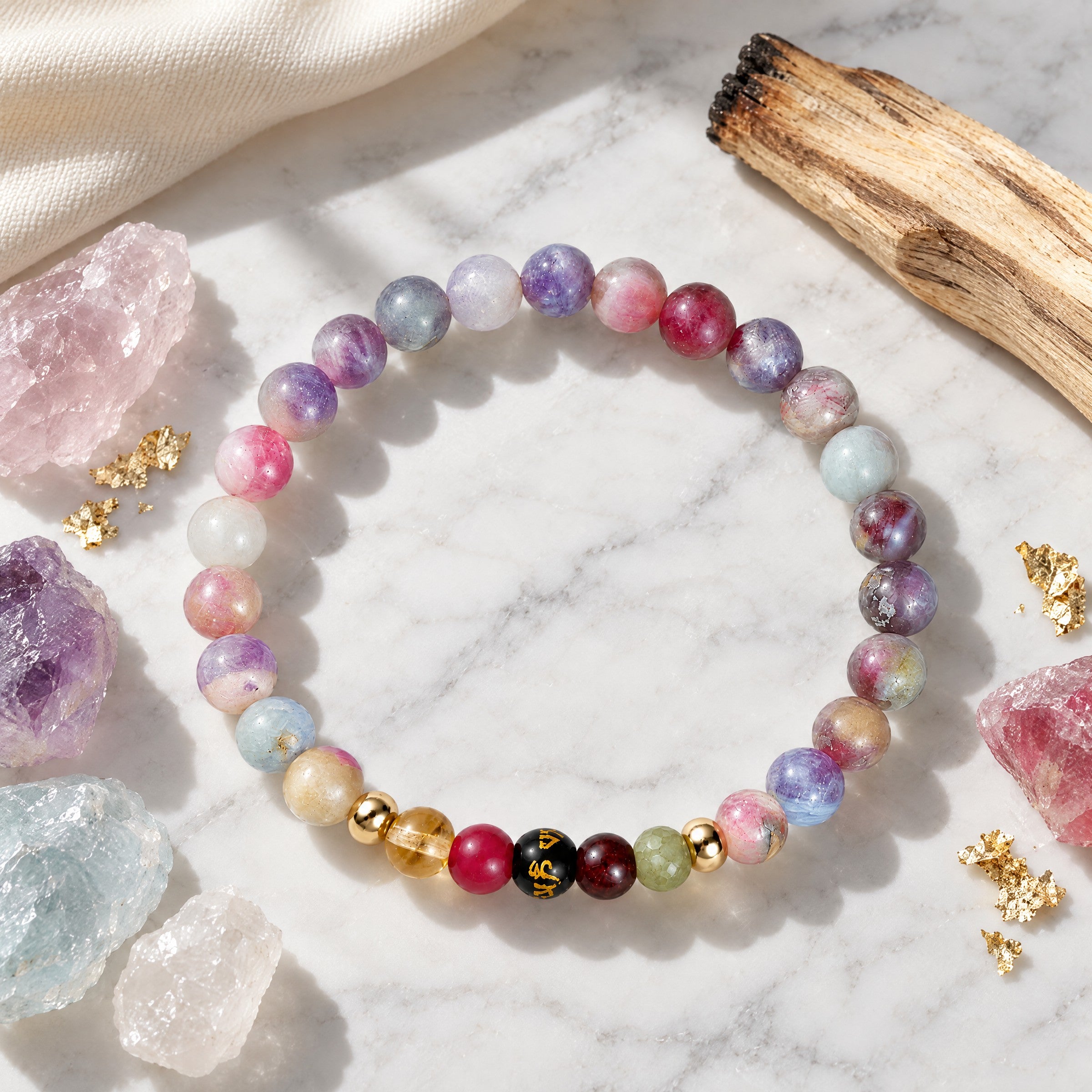 Pink Tourmaline Mega Destiny Lucky 7 Gemstone Bracelet With REAL Gold