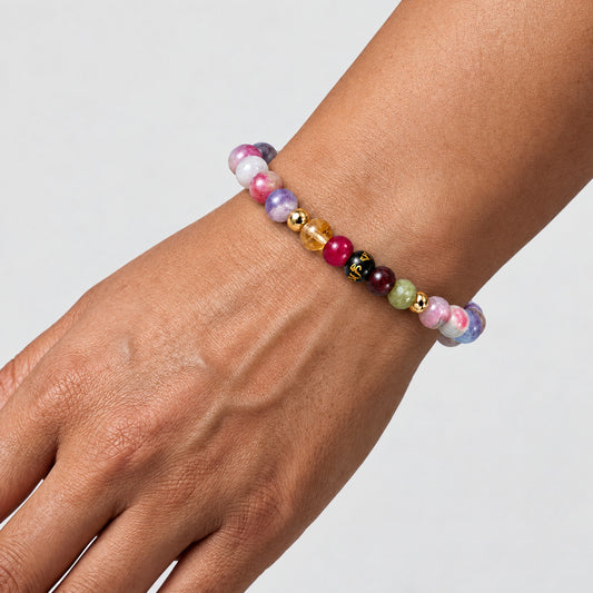 Pink Tourmaline Mega Destiny Lucky 7 Gemstone Bracelet With REAL Gold