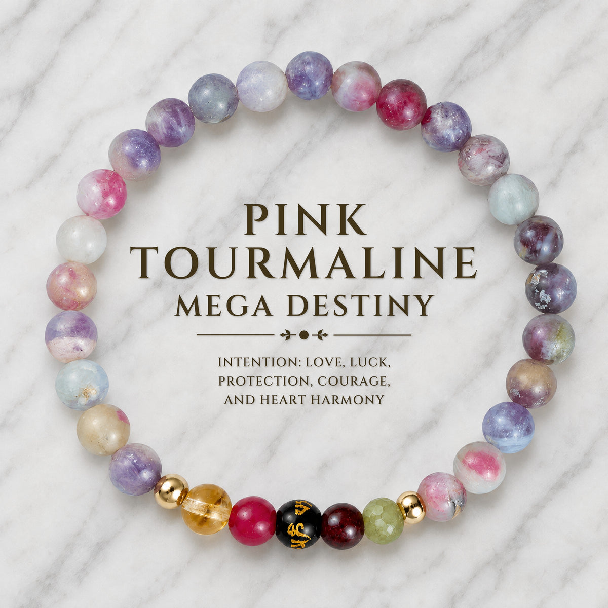 Pink Tourmaline Mega Destiny Lucky 7 Gemstone Bracelet With REAL Gold