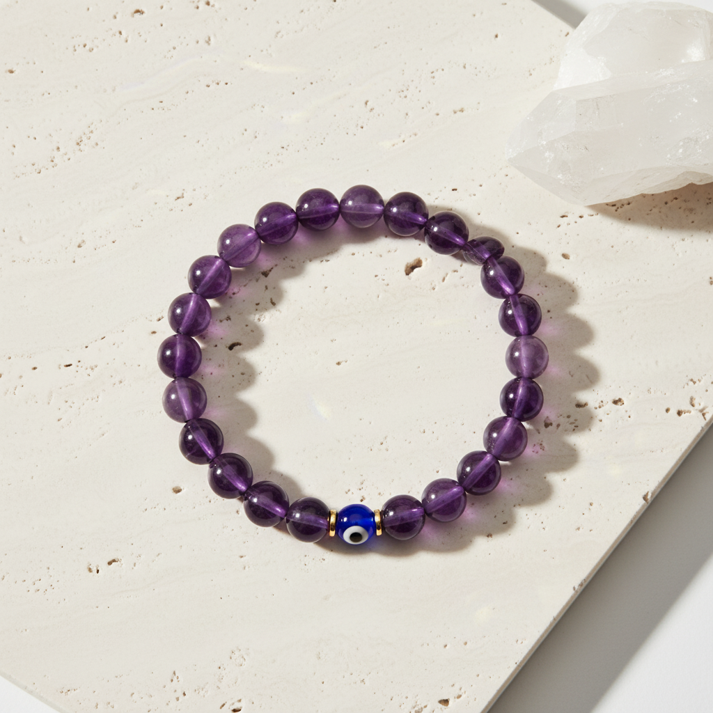 Aquarius Evil Eye Amethyst Crystal Protection Bracelet