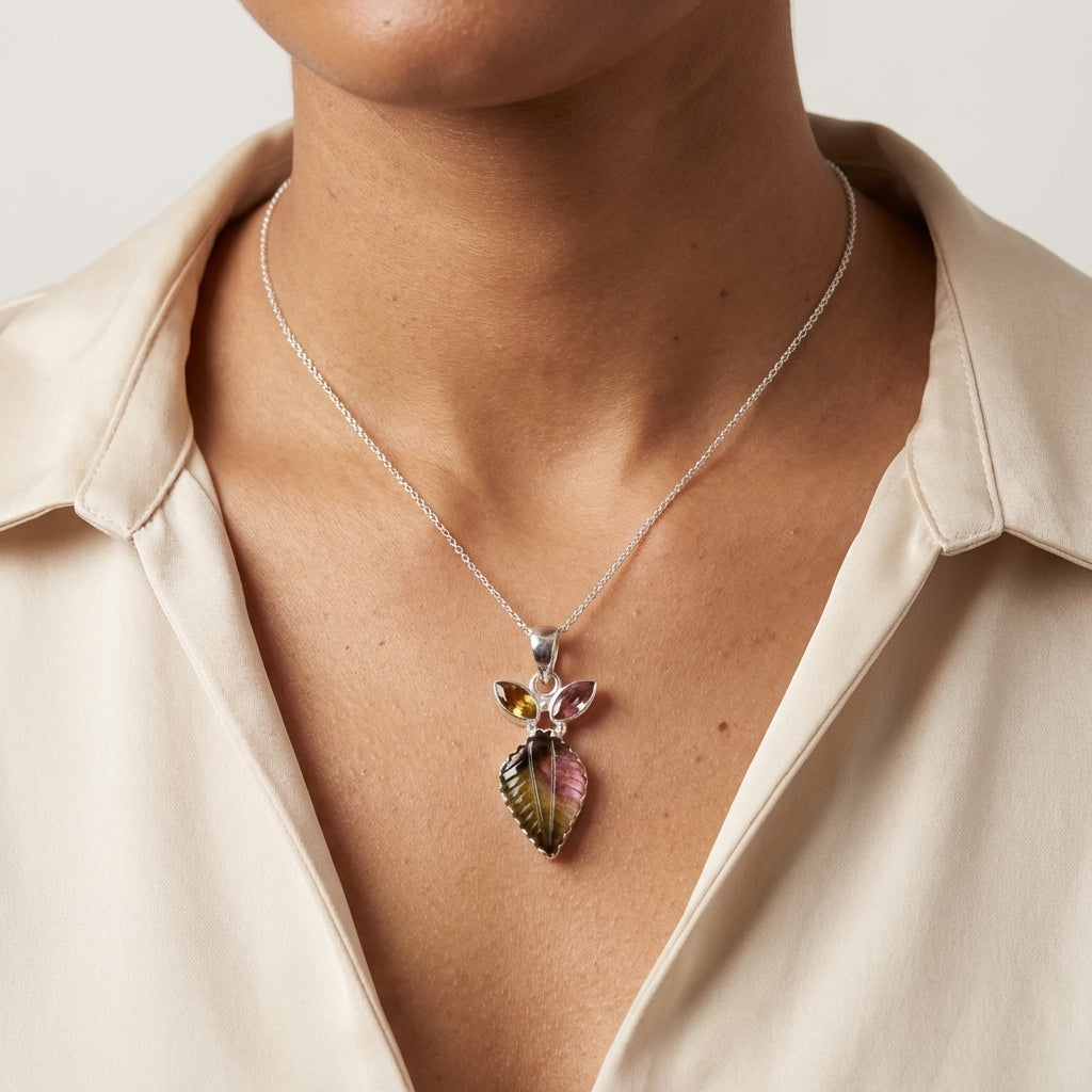 Grade A Watermelon Tourmaline Sterling Silver Gemstone Necklace