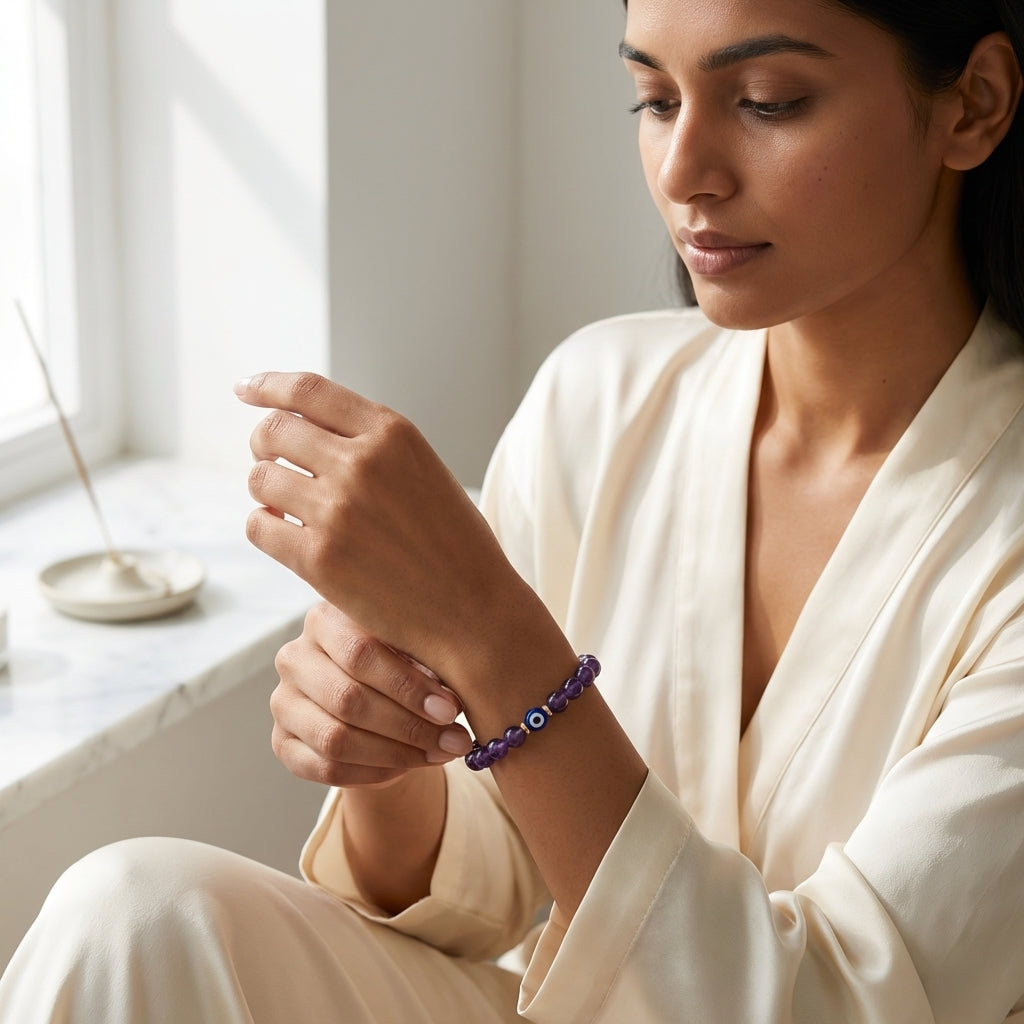 Aquarius Evil Eye Amethyst Crystal Protection Bracelet