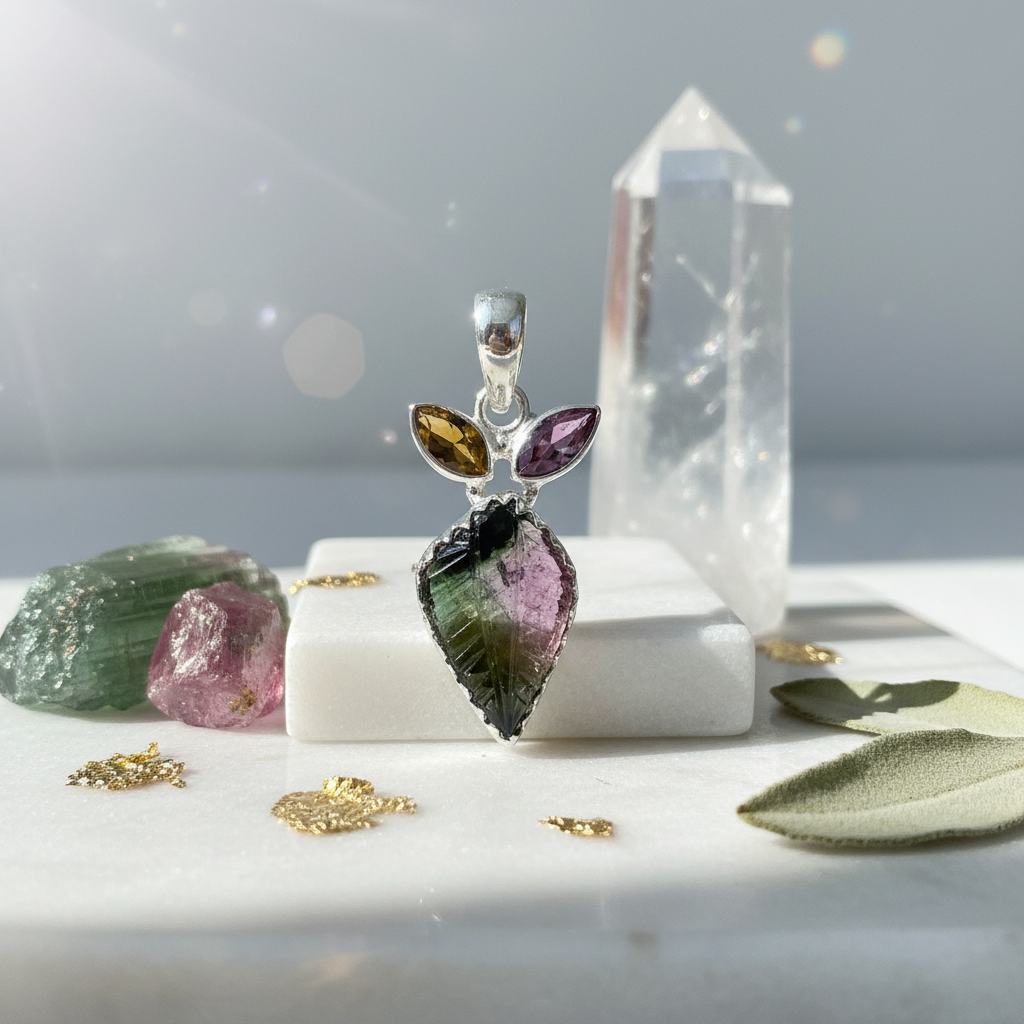 Grade A Watermelon Tourmaline Sterling Silver Gemstone Necklace