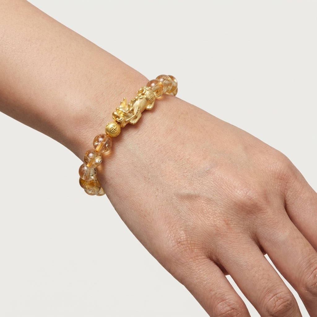 Natural Citrine Fortune 18k Gold Vermeil Pixiu Feng Shui Bracelet