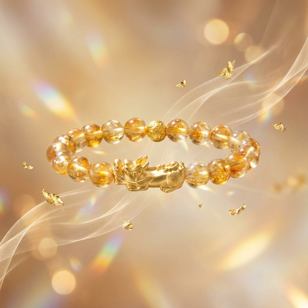 Natural Citrine Fortune 18k Gold Vermeil Pixiu Feng Shui Bracelet