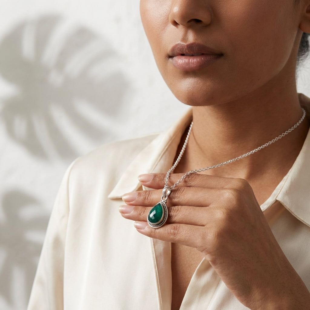 Genuine Grade A Emerald Sterling Silver Gemstone Necklace