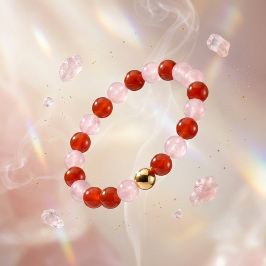 Rose Quartz and Carnelian Crystal Beaded Bracelet With Real Gold - Reconciliation