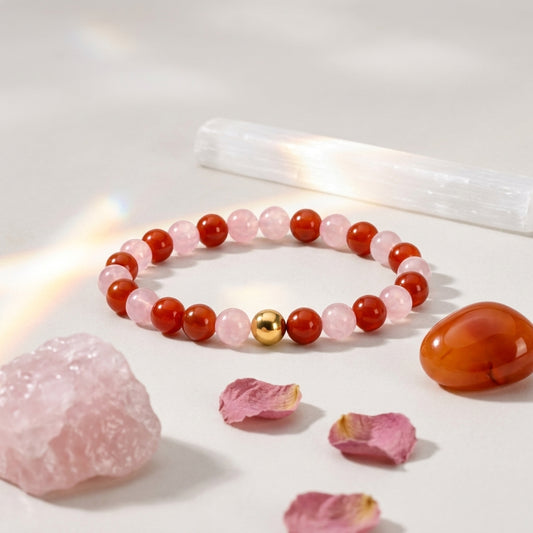 Rose Quartz and Carnelian Crystal Beaded Bracelet With Real Gold - Reconciliation