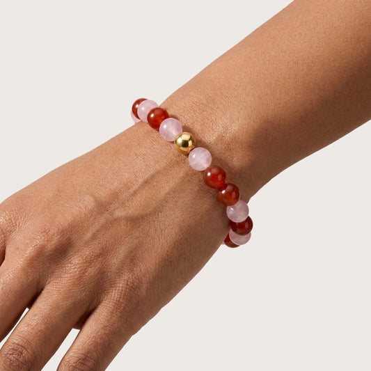 Rose Quartz and Carnelian Crystal Beaded Bracelet With Real Gold - Reconciliation