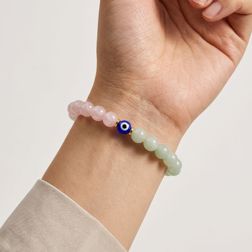 Rose quartz jade evil eye bracelet love manifestation protection jewelry - Eat.Read.Love.