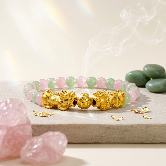 Soulmate Attracting Jade and Rose Quartz Double Pixiu Bracelet