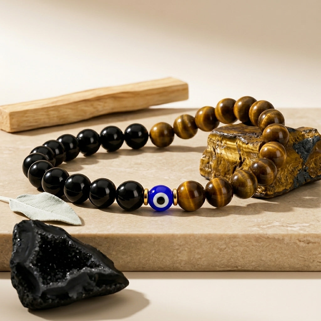 Magnetic Love Return Bracelet Tiger's Eye Black Obsidian Evil Eye Protection