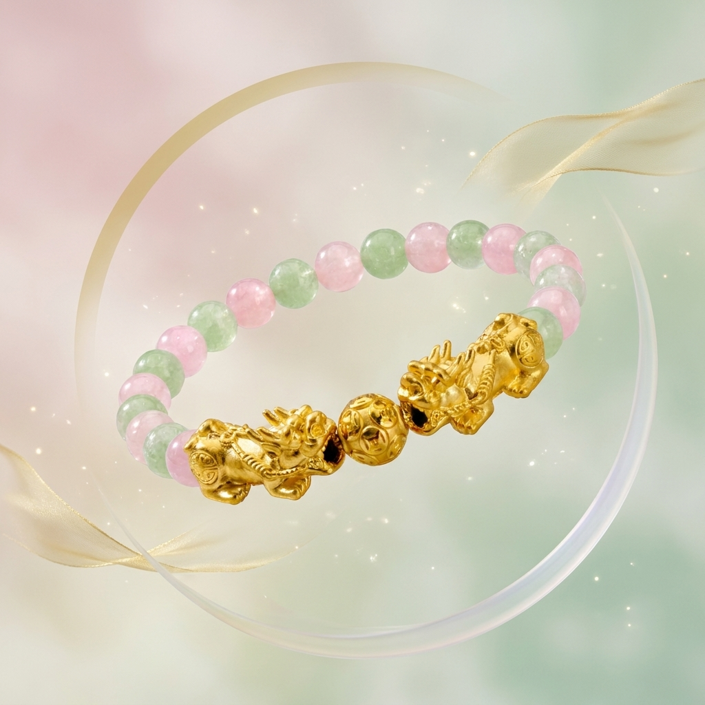 Soulmate Attracting Jade and Rose Quartz Double Pixiu Bracelet