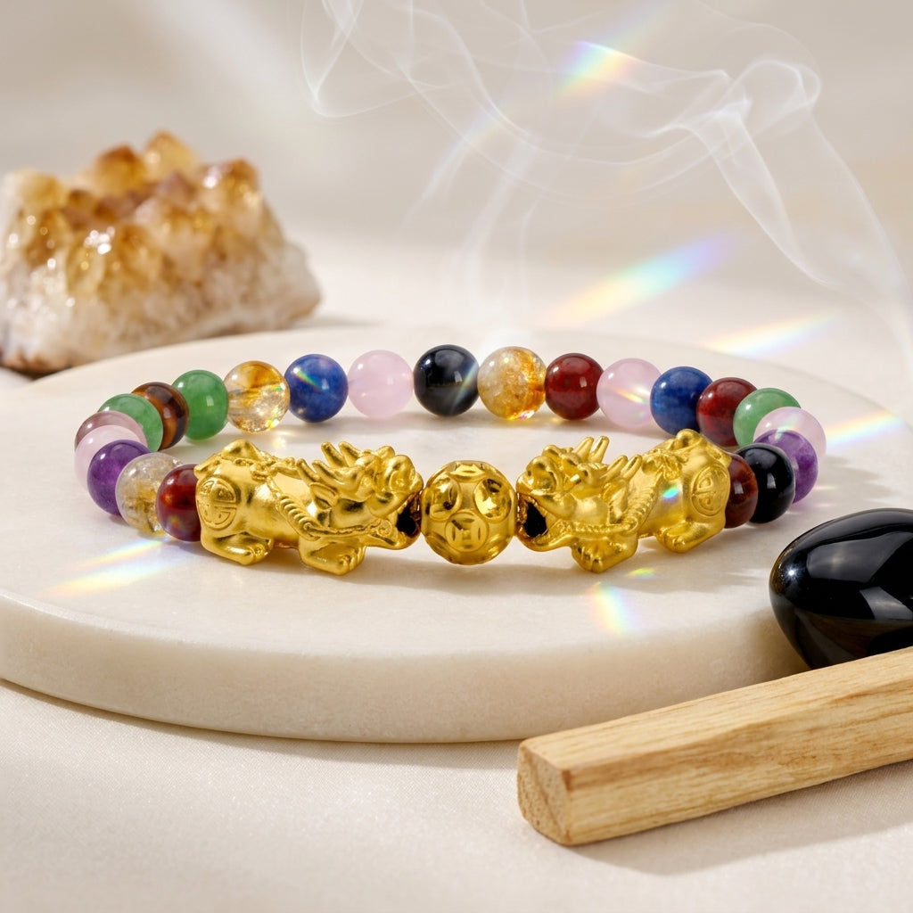 Pixiu fortune bracelet multi gemstone feng shui wealth protection jewelry - Eat.Read.Love.
