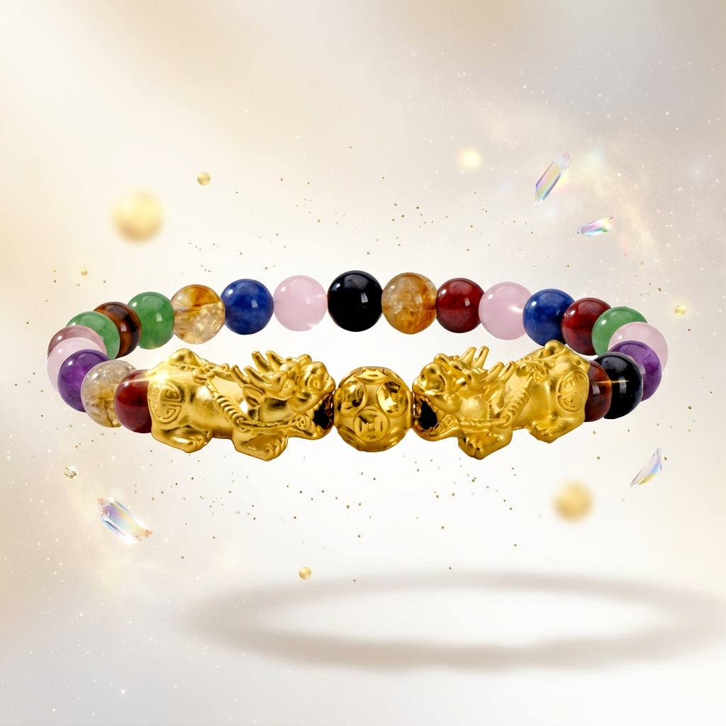 The Pixiu of Fortune and Success Multi Gemstone Bracelet