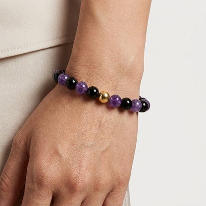 Amethyst and Black Obsidian Crystal Beaded Bracelet With Real Gold - Protection