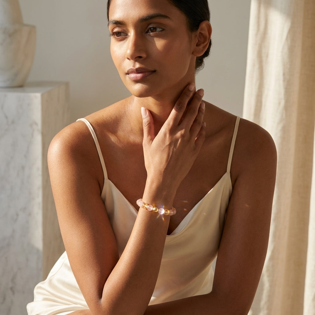 Rose Quarts and Citrine Crystal Beaded Bracelet With Real Gold - Love and Wealth