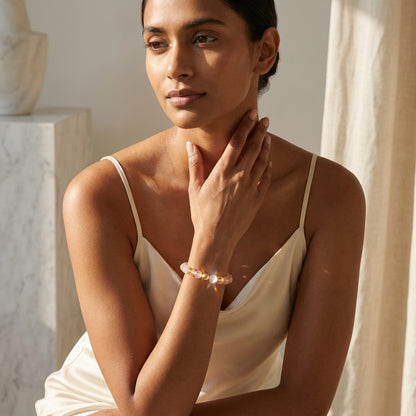 Rose Quarts and Citrine Crystal Beaded Bracelet With Real Gold - Love and Wealth