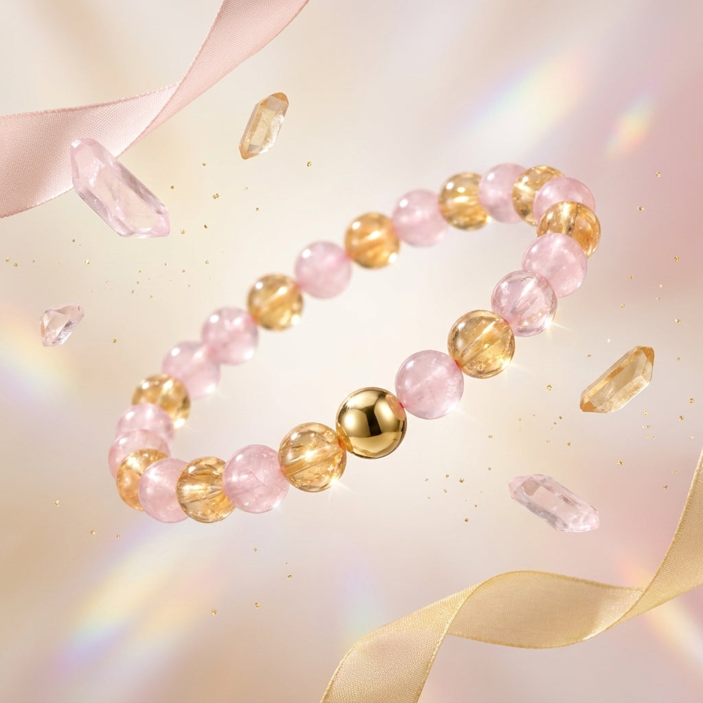 Rose Quarts and Citrine Crystal Beaded Bracelet With Real Gold - Love and Wealth