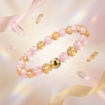 Rose Quarts and Citrine Crystal Beaded Bracelet With Real Gold - Love and Wealth