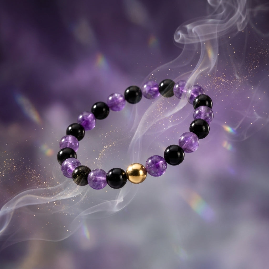Amethyst and Black Obsidian Crystal Beaded Bracelet With Real Gold - Protection