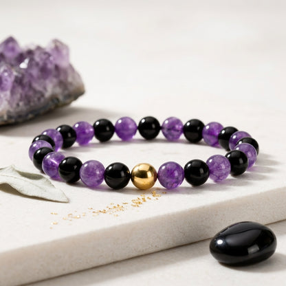 Amethyst and Black Obsidian Crystal Beaded Bracelet With Real Gold - Protection