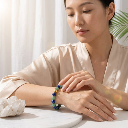 Jade and Lapis Lazuli Crystal Beaded Bracelet With Real Gold - Fortune