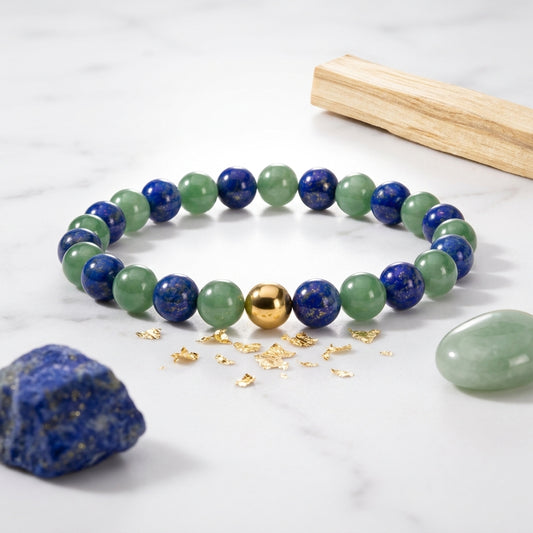 Jade and Lapis Lazuli Crystal Beaded Bracelet With Real Gold - Fortune