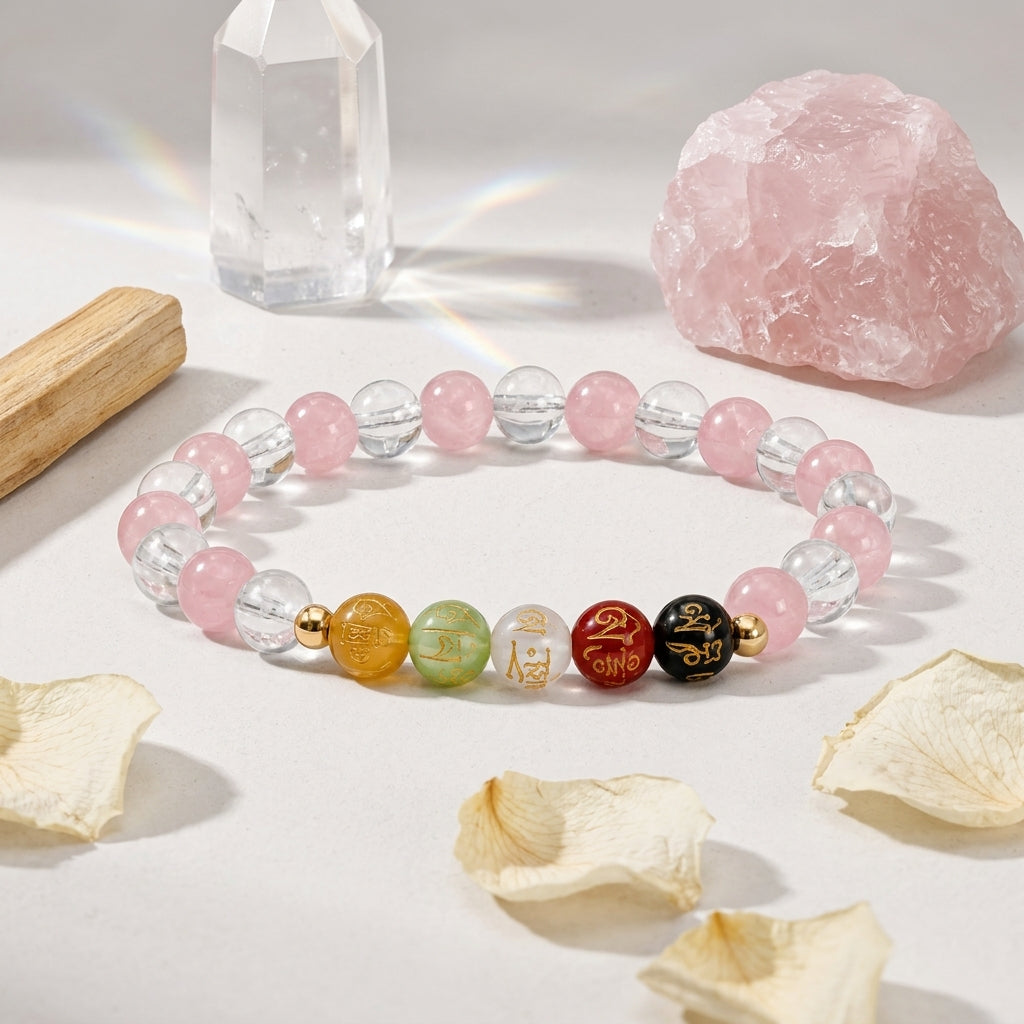 Love Expansion Bracelet Grade AA Rose Quartz & Clear Quartz with Real Gold