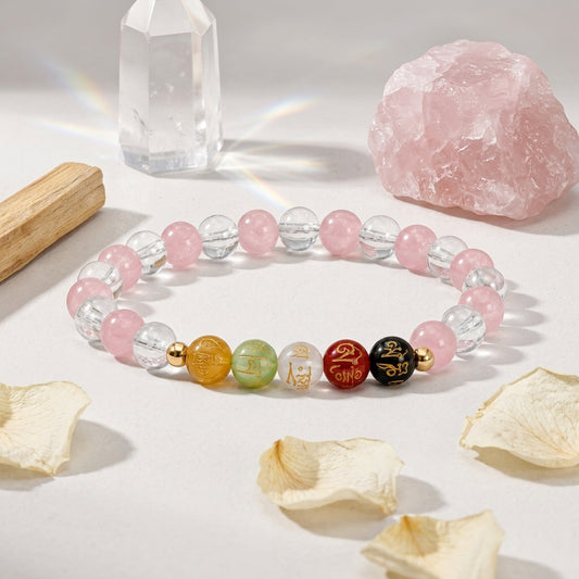 Love Expansion Bracelet Grade AA Rose Quartz & Clear Quartz with Real Gold