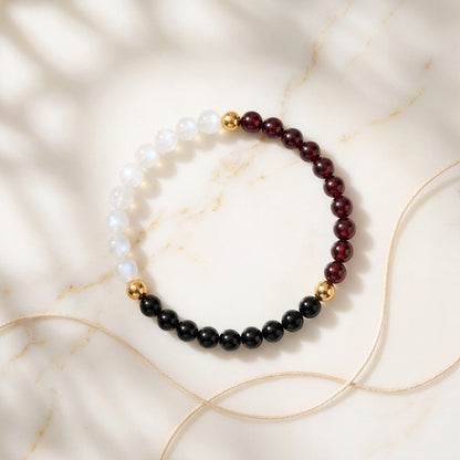Full Moon Manifestation Bracelet – Moonstone, Red Garnet & Black Onyx