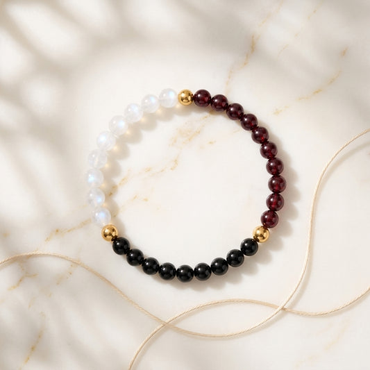 Full Moon Manifestation Bracelet – Moonstone, Red Garnet & Black Onyx