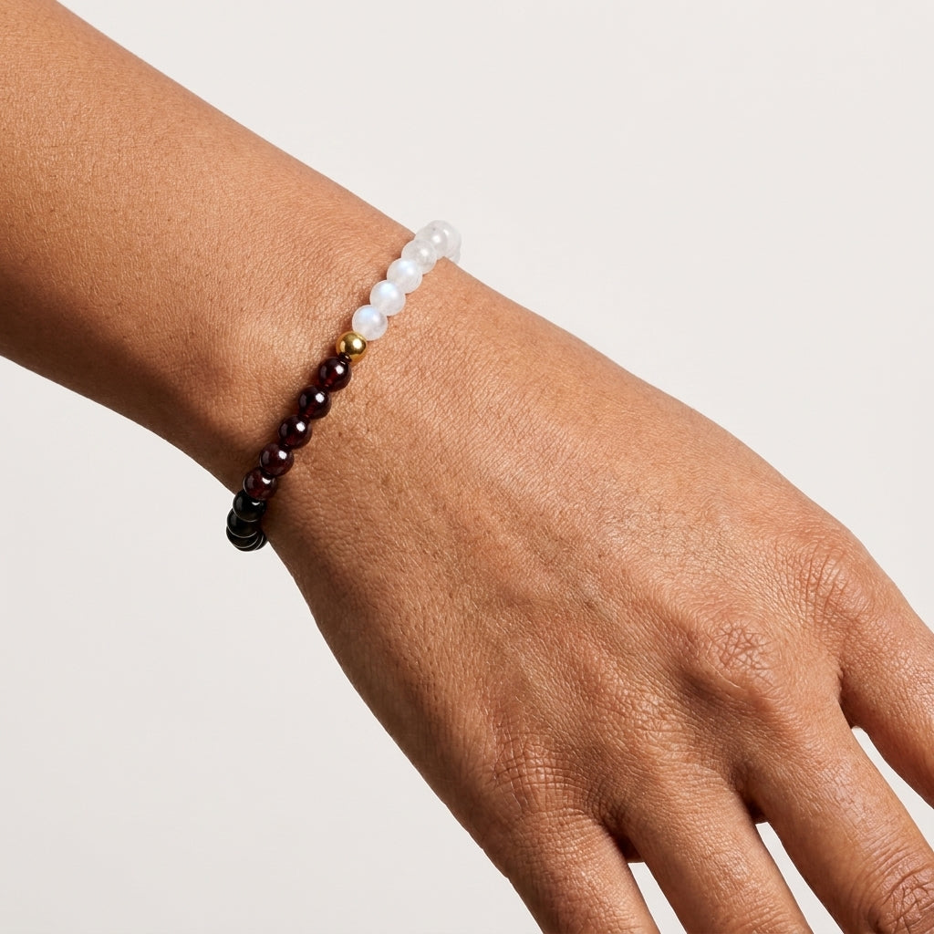 Full Moon Manifestation Bracelet – Moonstone, Red Garnet & Black Onyx