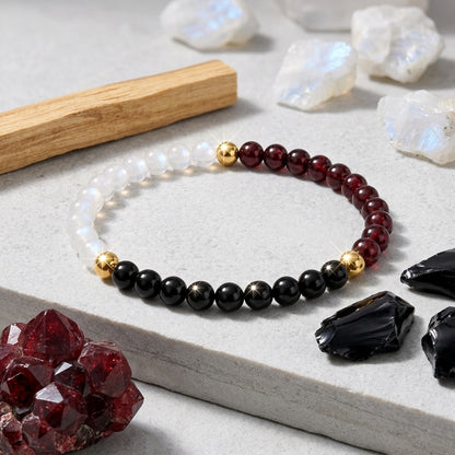 Full Moon Manifestation Bracelet – Moonstone, Red Garnet & Black Onyx
