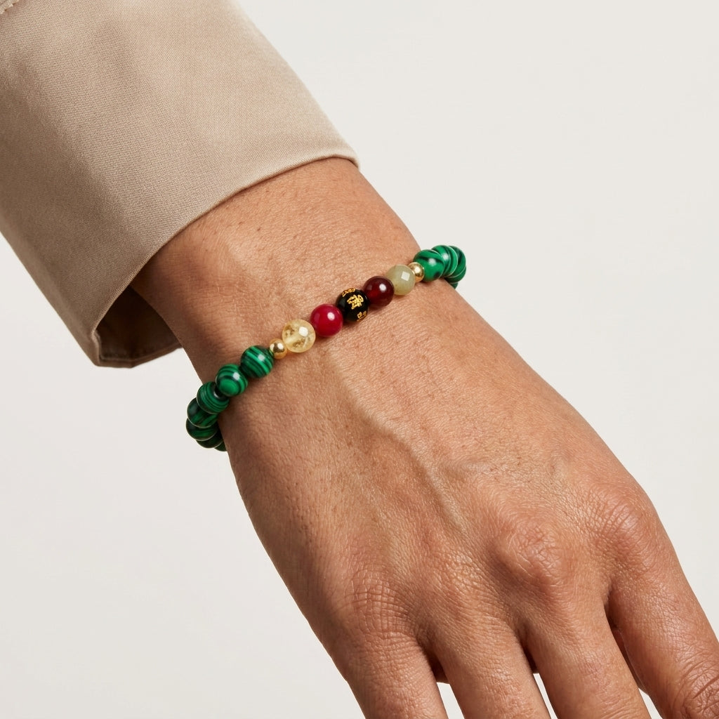 Malachite Mega Growth Lucky 7 Gemstone Bracelet With REAL Gold