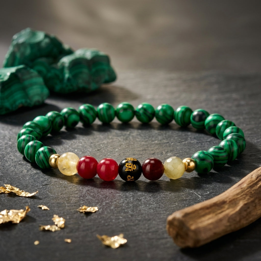 Malachite Mega Growth Lucky 7 Gemstone Bracelet With REAL Gold