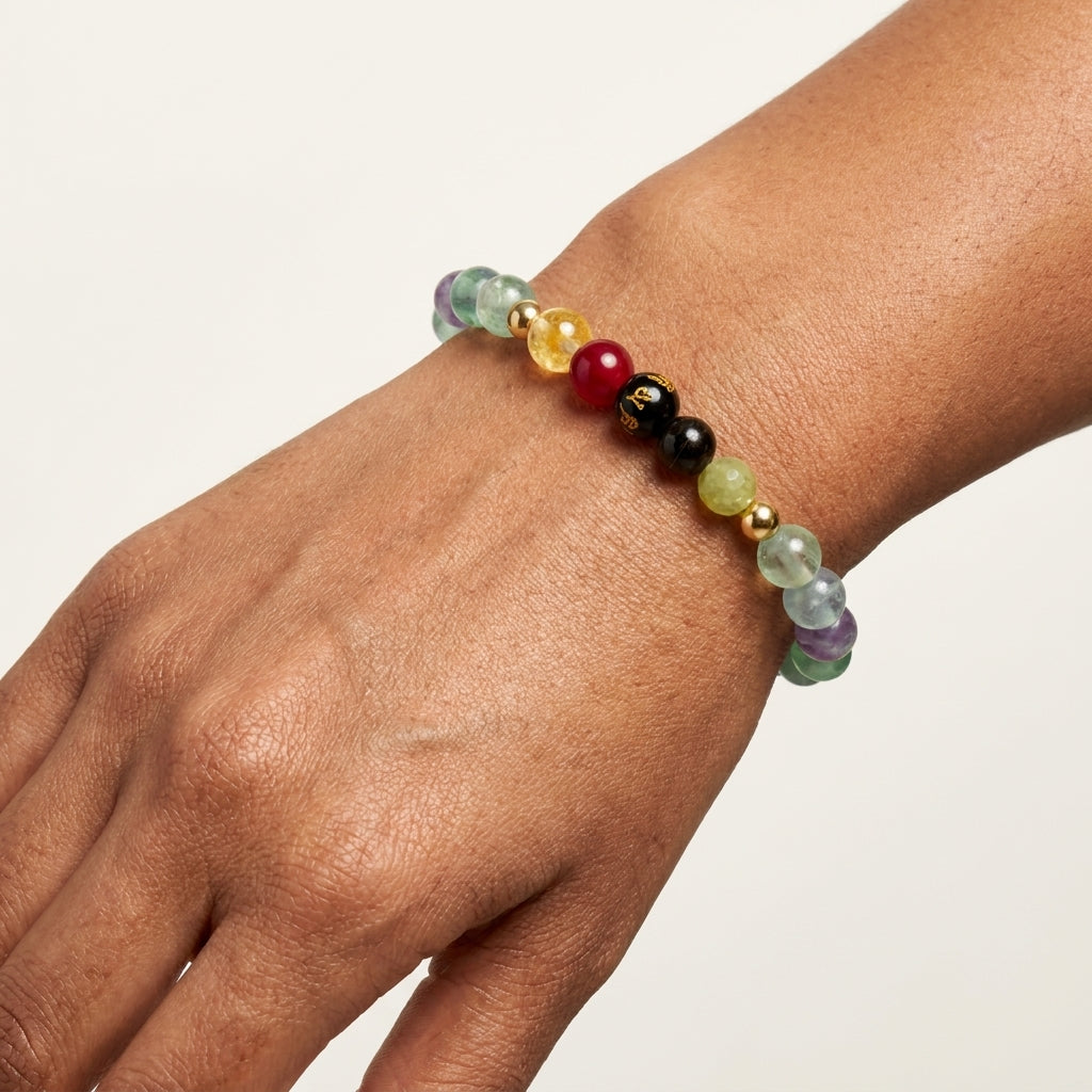 Fluorite Mega Happiness Lucky 7 Gemstone Bracelet With REAL Gold