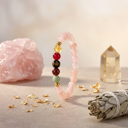 Rose Quartz Mega Love Lucky 7 Gemstone Bracelet With REAL Gold