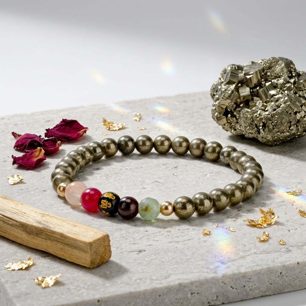 Pyrite Mega Power Lucky 7 Gemstone Bracelet With REAL Gold