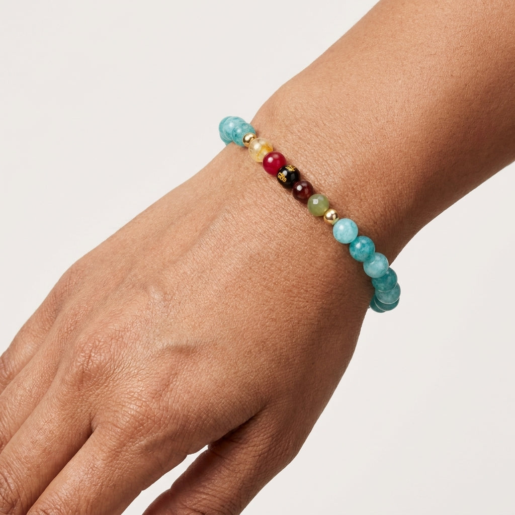 Aquamarine Mega Peace Lucky 7 Gemstone Bracelet With REAL Gold