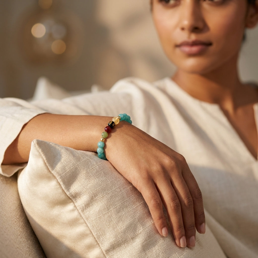 Aquamarine Mega Peace Lucky 7 Gemstone Bracelet With REAL Gold