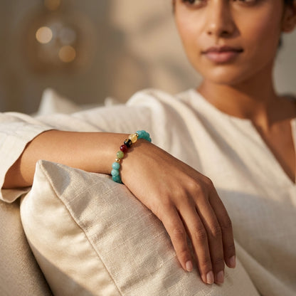 Aquamarine Mega Peace Lucky 7 Gemstone Bracelet With REAL Gold